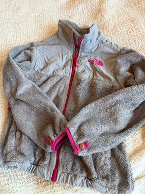 The North Face Kids Light Gray Jacket with Pink Accents 7 Authentic Brand